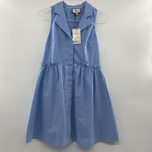 Tuckernuck Women's Oxford Blue Sleeveless Royal Shirt Dress Ruffles Pockets XS - Picture 2 of 7
